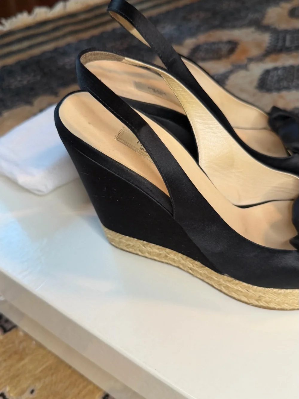 Prada Black Satin Slingback Espadrille Wedges with Rosette